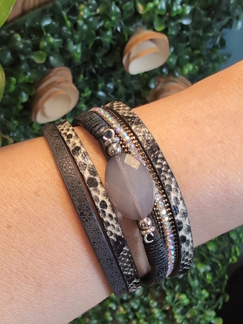 Black Multi-Layer Crystal & Stone Accent Leather Bracelet